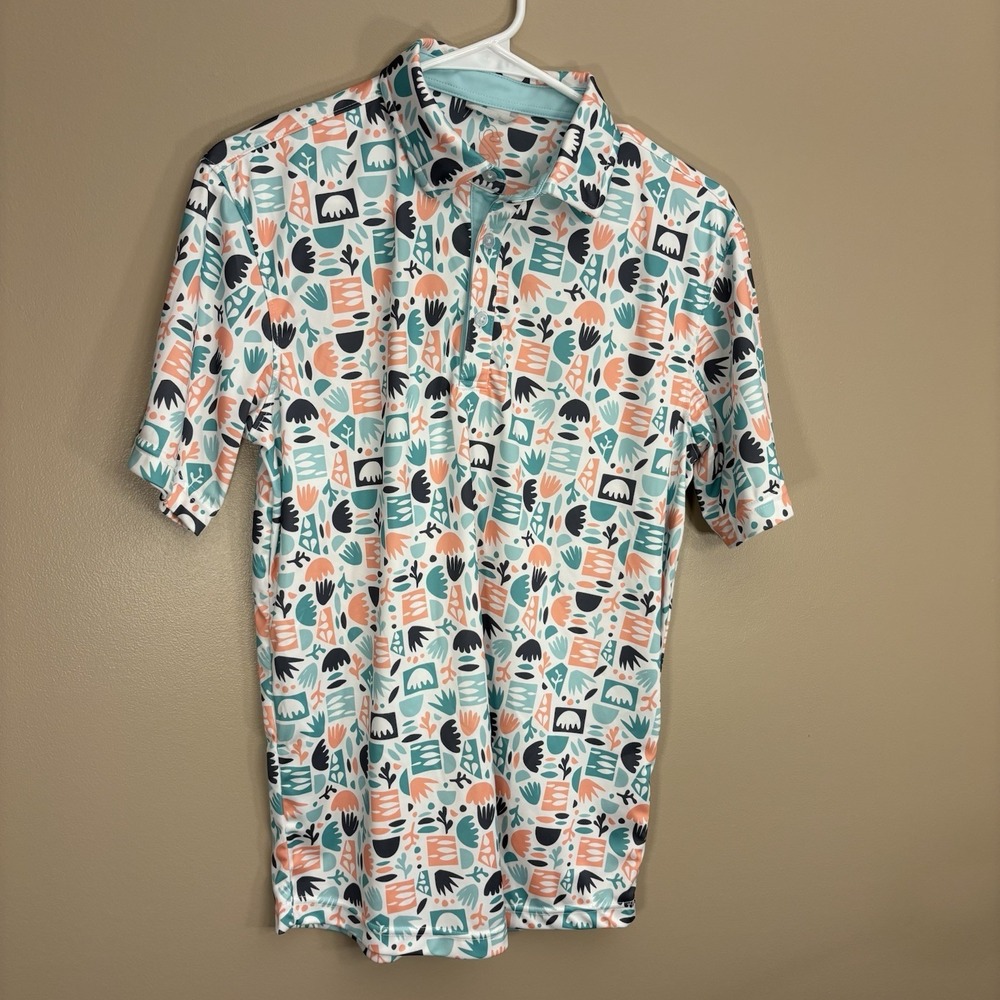 Swannies Polo Shirt Mens Small Green Peach Maddox Doodle Print Performance Golf